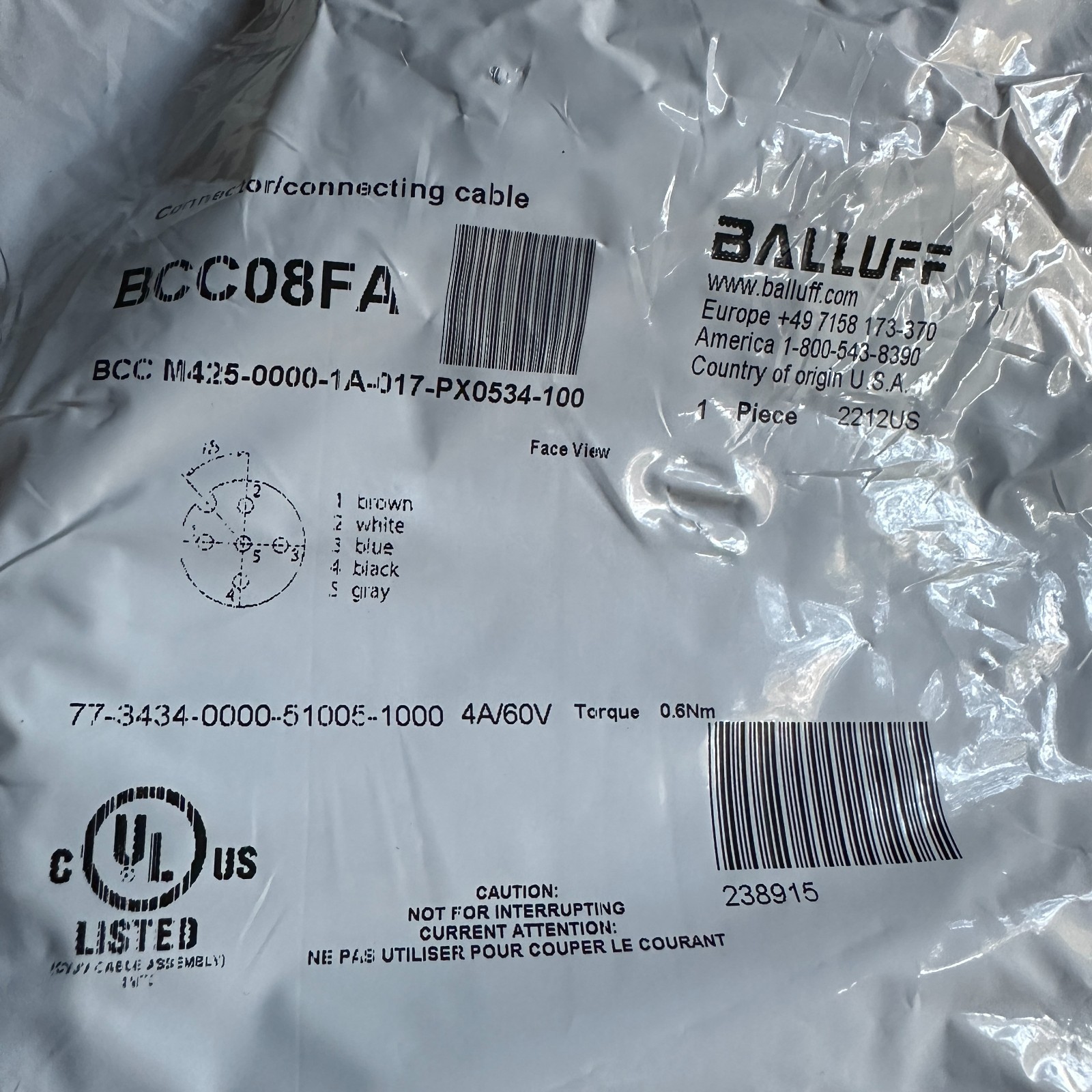 Balluff BCC08FA Sensor Cable M425-0000-1A-017-PX0534-10 M42500001A017PX053410