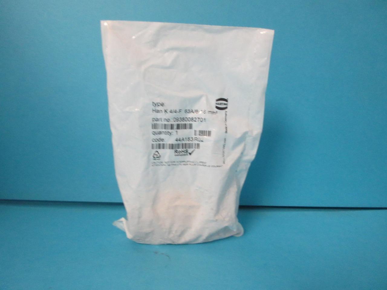 NEW HARTING 09380082701 TYPE HAN K 4/4-F 63A/6-16 MM2 FINGER PROT CONNECTOR NIP