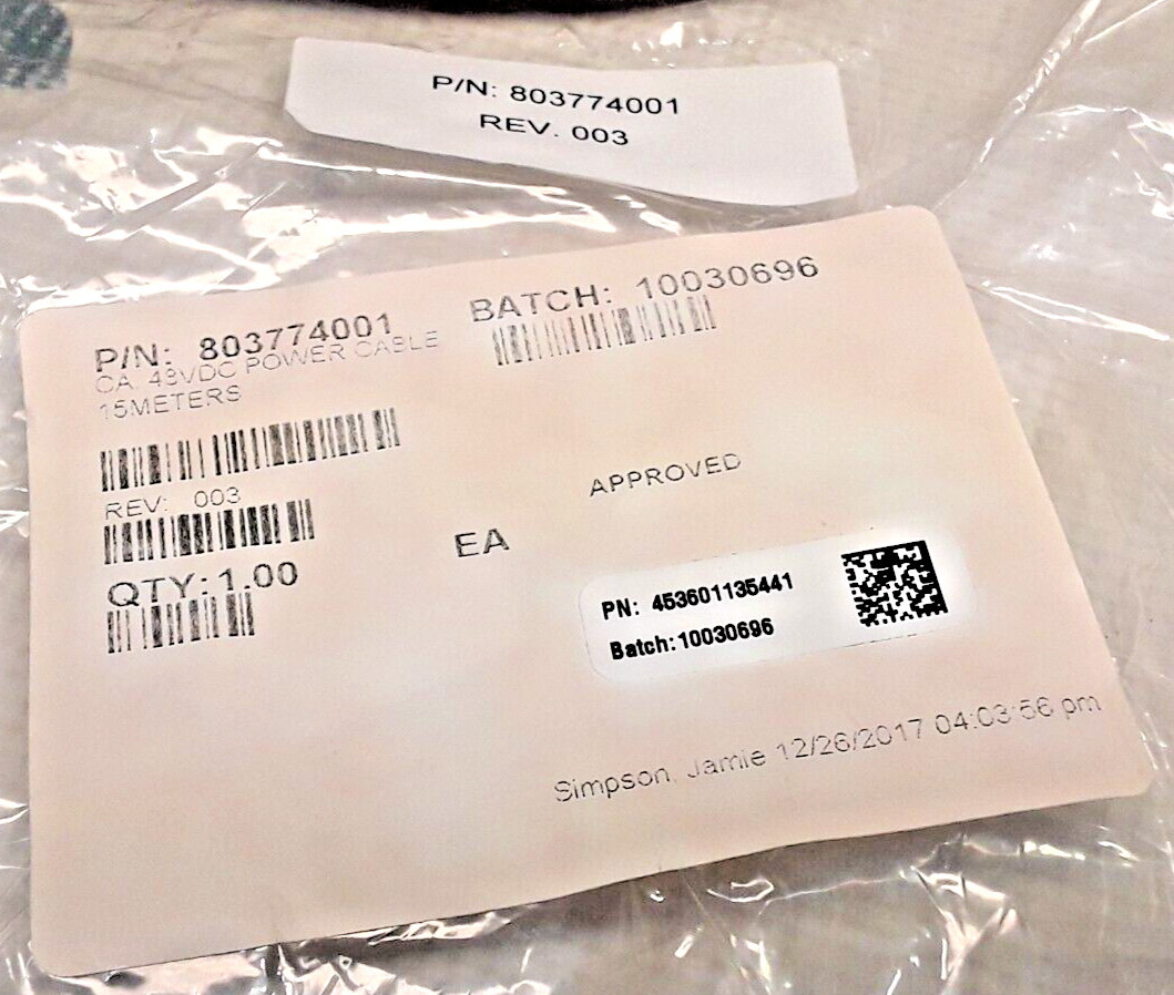 803774001 – CA, 48VDC POWER CABLE, 15 METERS – AWM 2464 80C 300V VW-1 – NEW