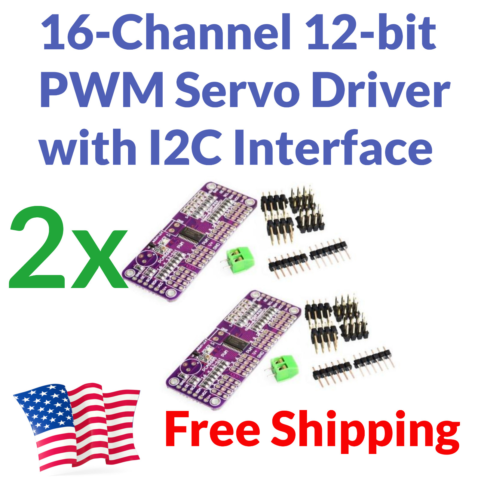 2pcs 16-Channel 12-bit PWM Servo Driver IIC I2C Arduino Pi Motor Shield US SHIP