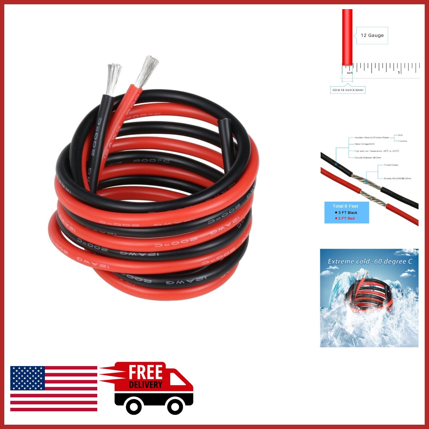 Flexible 12 Gauge Silicone Wire Red/Black 3ft Tinned Copper for Easy Soldering