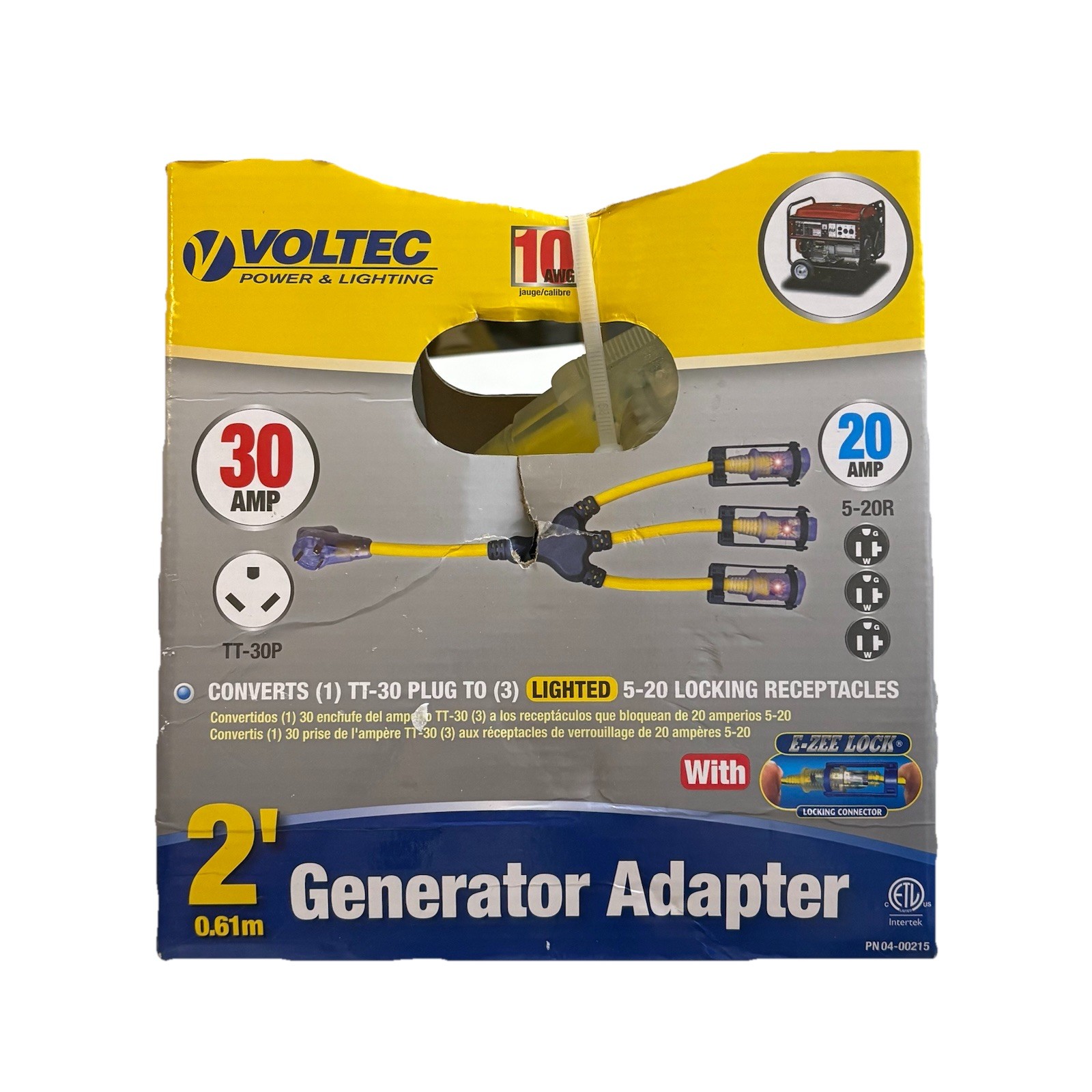Voltec 04-00215 2′ W Generator Adapter TT-30P to 3 @ 5-20R with E-Zee Lock