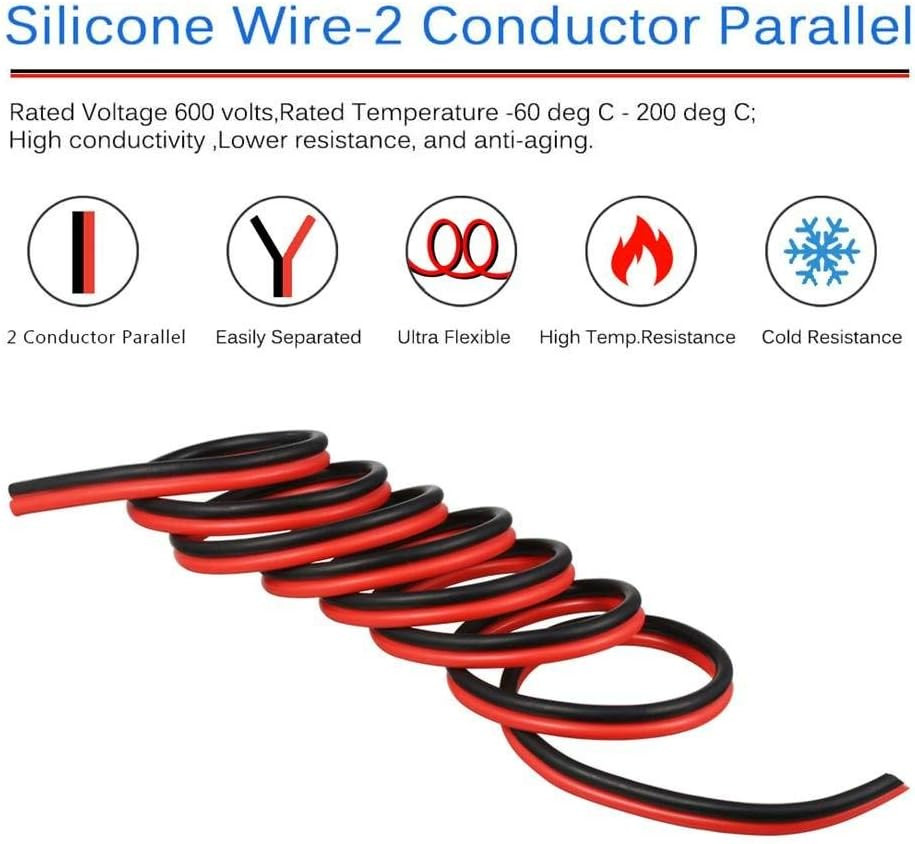 12 Gauge Flexible 2 Conductor Parallel Silicone Wire Spool Red Black High Resist