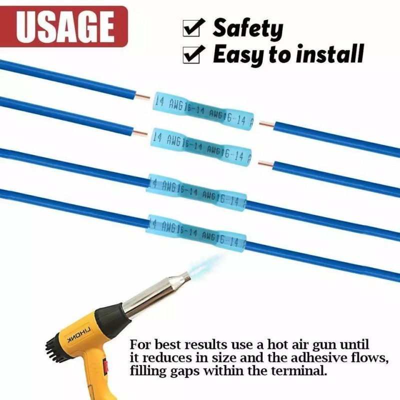 200PC 16-14AWG Heat Shrink Butt Wire Splice Crimp Terminal Blue Connectors