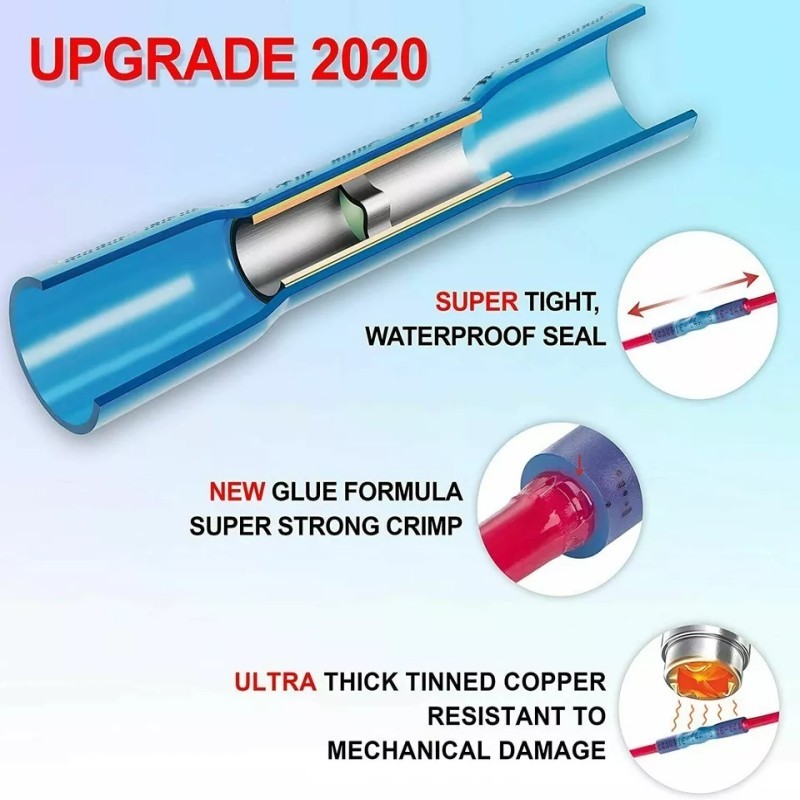 200PC 16-14AWG Heat Shrink Butt Wire Splice Crimp Terminal Blue Connectors