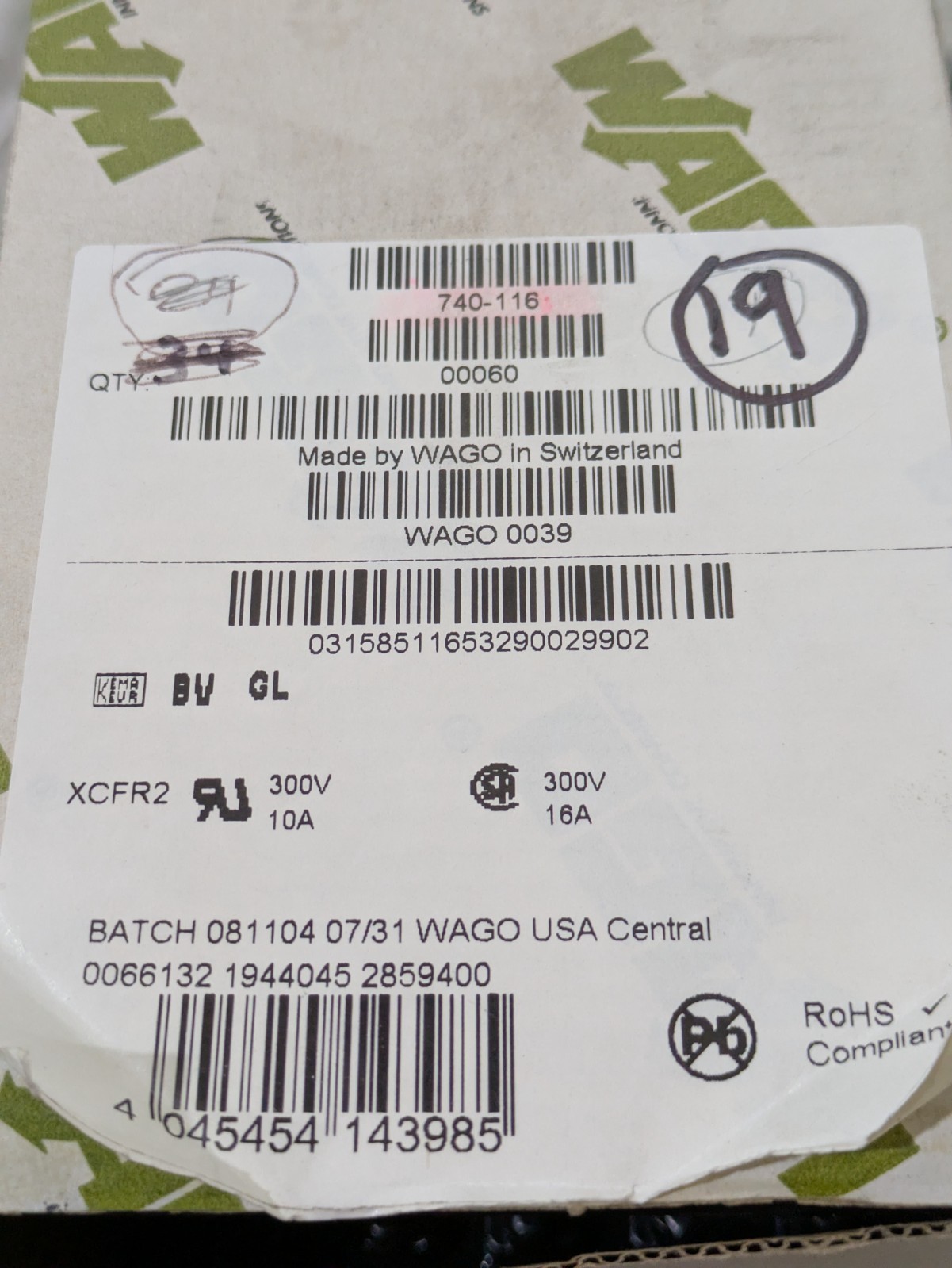 WAGO 740-116 300V 10A PCB TERMINAL BLOCK; 2.5 MM; PIN