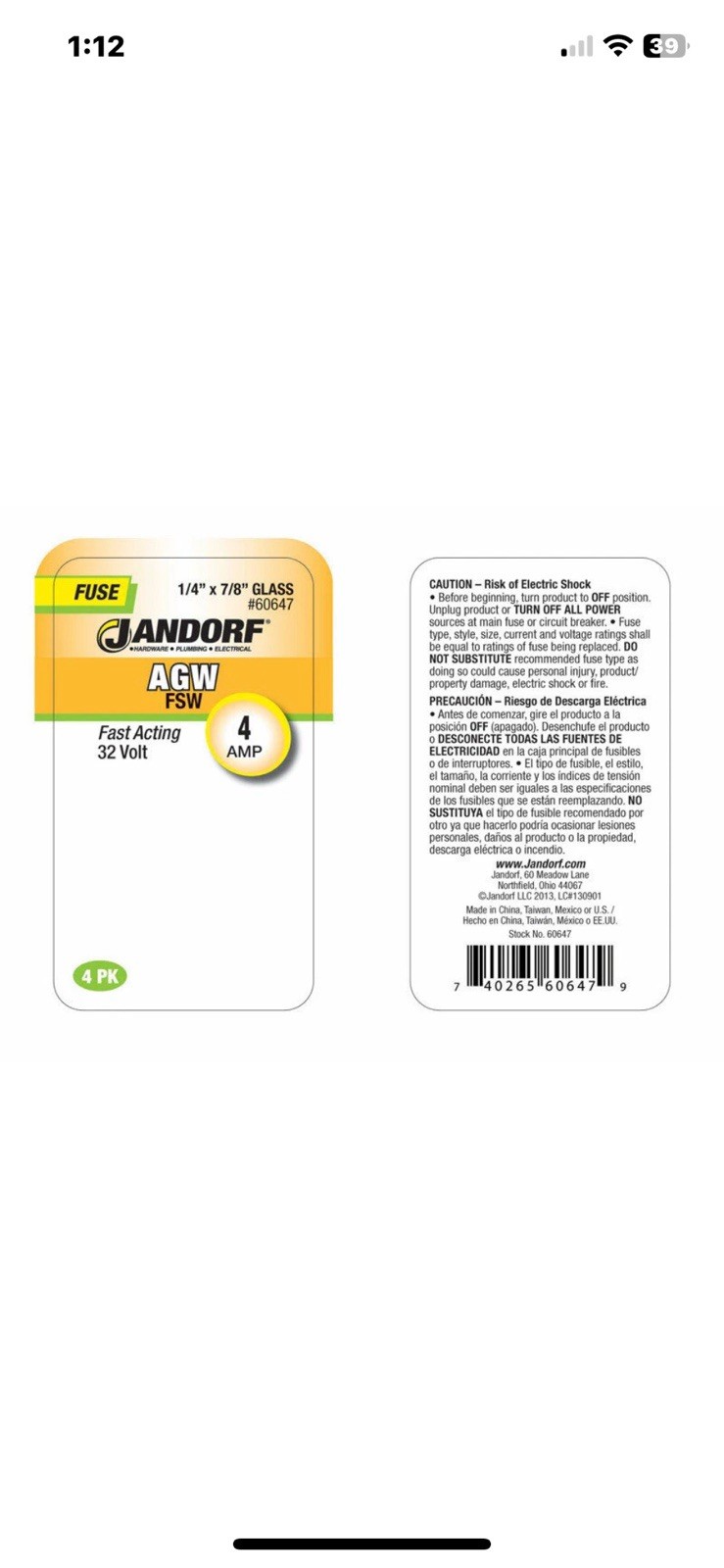 Jandorf AGW 4 amps Fast Acting 32 Volt Fuses 4 pk 1/4”x7/8” Glass #60647