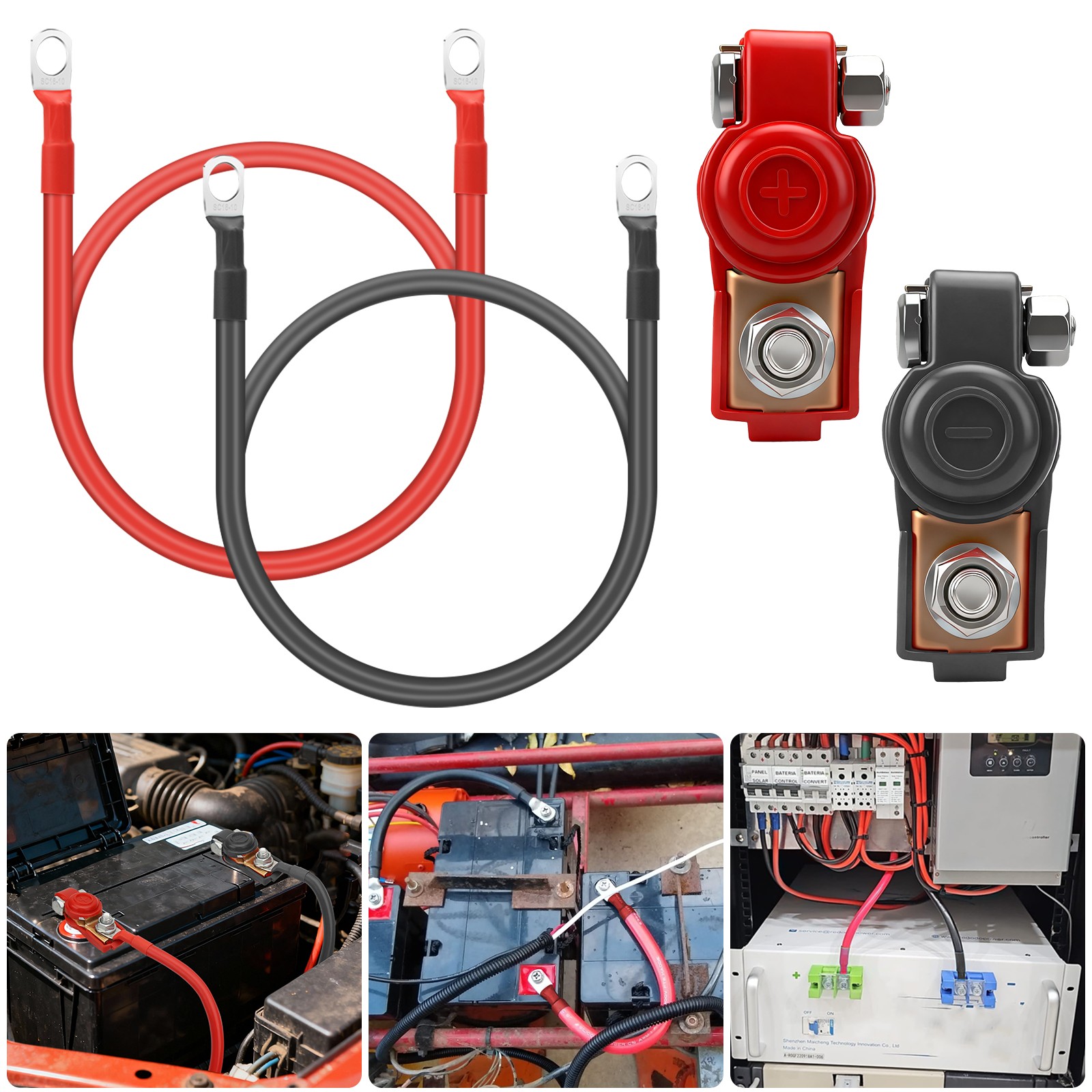 2× 5AWG Battery Cable Set M10 Ring Terminals Pure Copper for Car Marine Inverter
