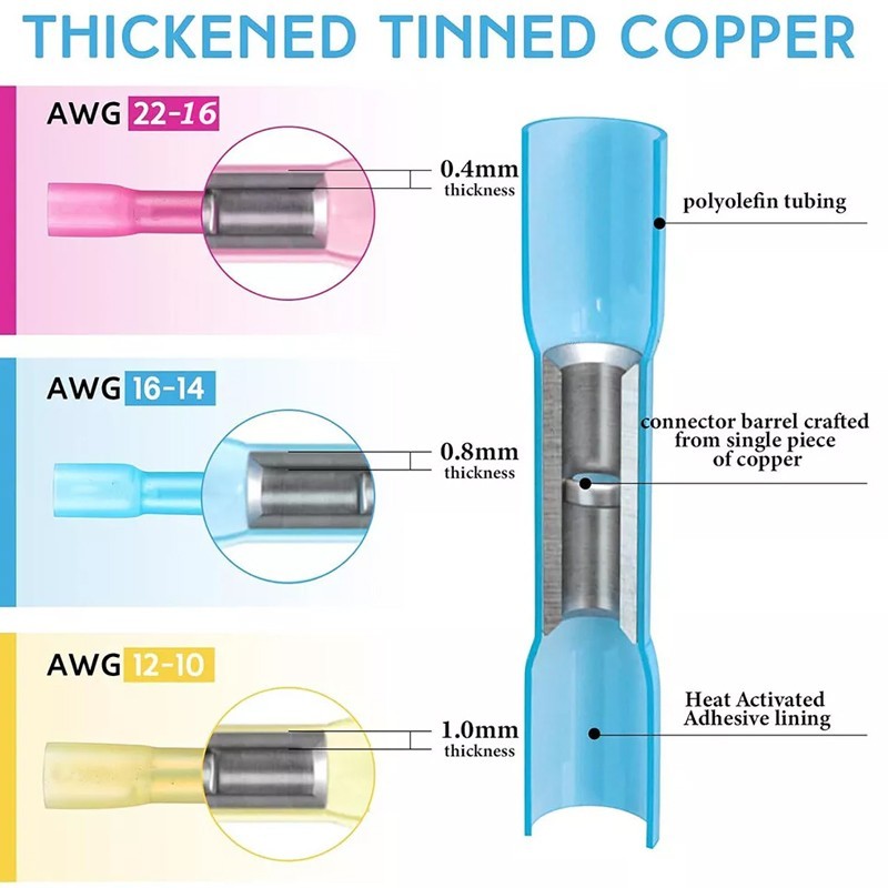 200PC 16-14AWG Heat Shrink Butt Wire Splice Crimp Terminal Blue Connectors