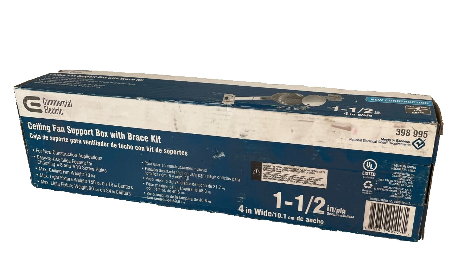 COMMERCIAL ELECTRIC 398995 Ceiling Fan Support Box w/ Brace Kit *NIB*