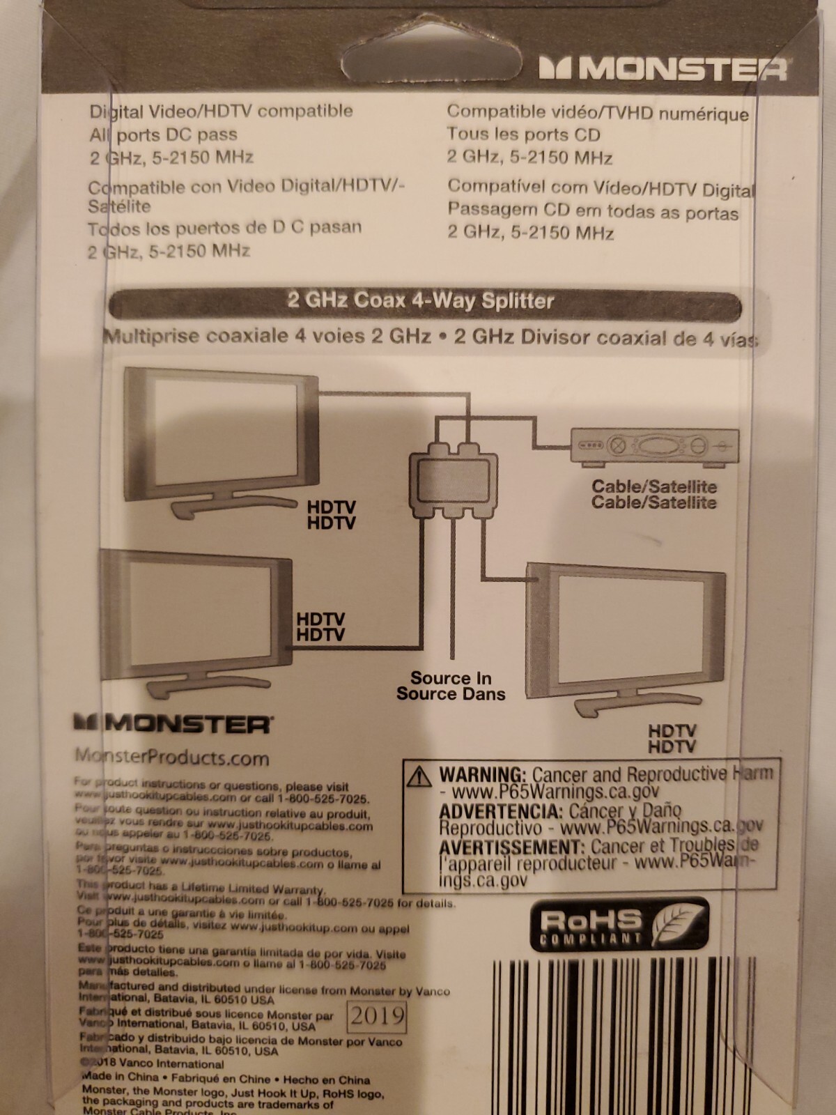 Monster 140558-00 4 Way Satellite Splitter, 2 Ghz, Gold