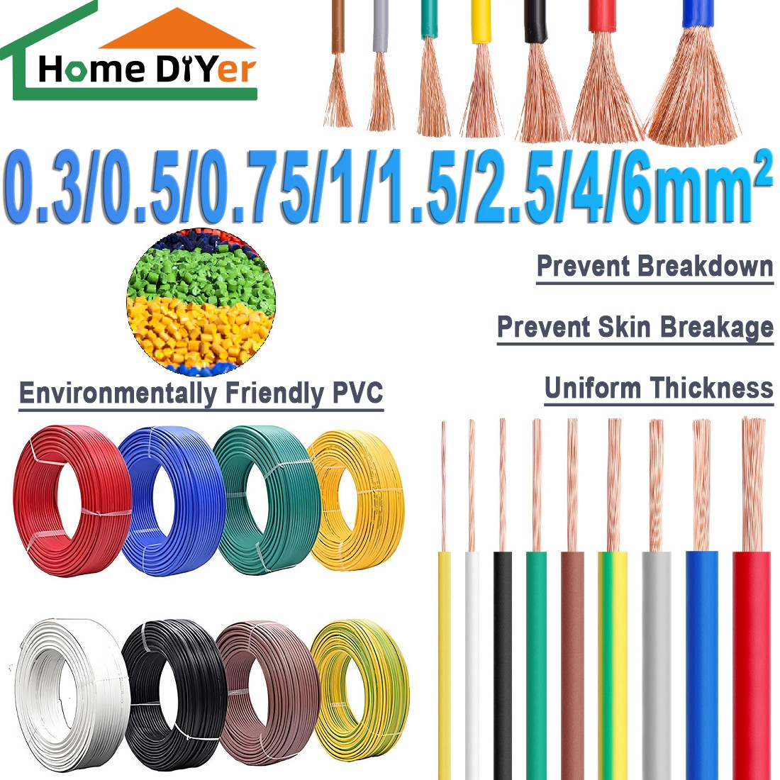Any length Electronic Flexible tinned copper wire Cable 0.3mm²-6mm² multicolor