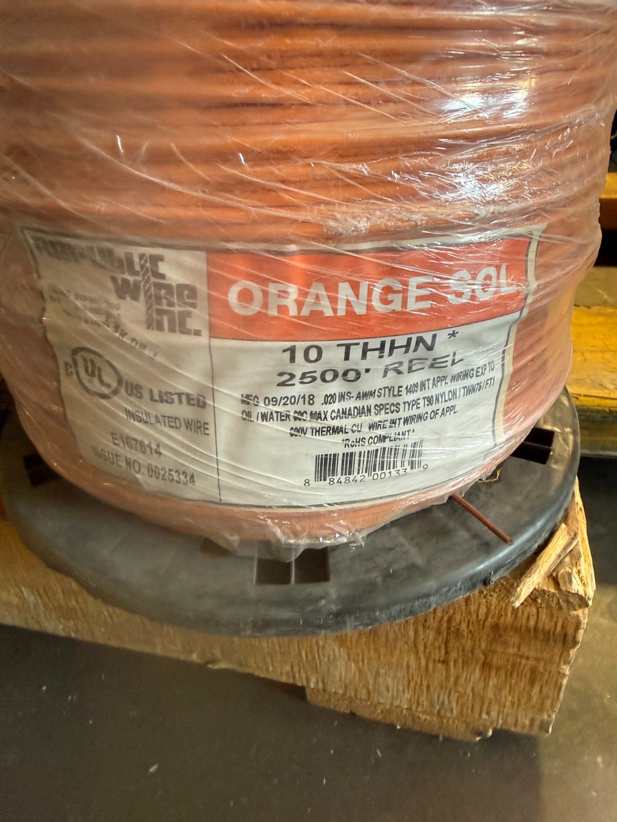 Republic Wire 10 THHN 2500′ REEL ORANGE SOLID Wire Spool E167614 BRAND NEW