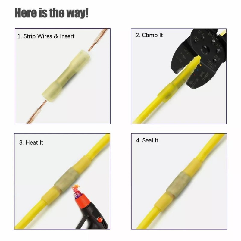 200PC 16-14AWG Heat Shrink Butt Wire Splice Crimp Terminal Blue Connectors
