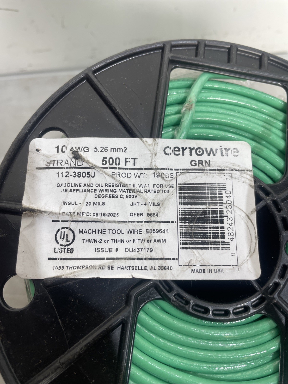 Cerro Wire VW-1 10 AWG Green 600V Insulated Wire 325FT # 12658