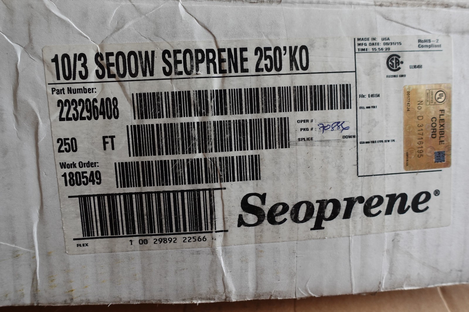 250′ 10/3 SEOOW SEOPRENE Portable Cord 600V Black UL/CSA 10-3 AWG wire cable USA
