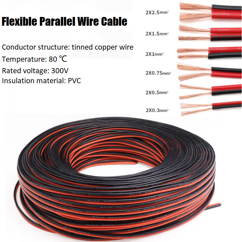 Flexible PVC Parallel Wire Cable 2 x 0.3mm² 0.5mm² – 2.5mm² PVC Cable 80℃ 300V