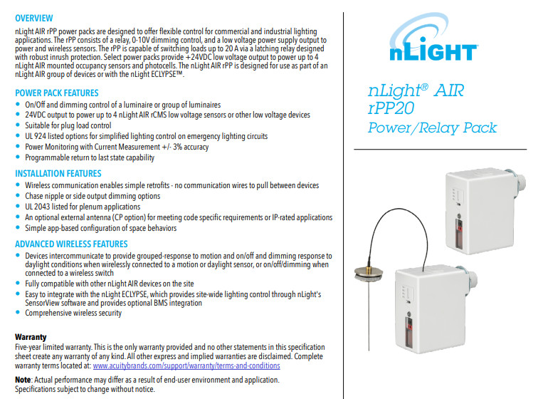 New in box! Acuity/nLight RPP20 24V EFP G2 nLight AIR Relay Pack