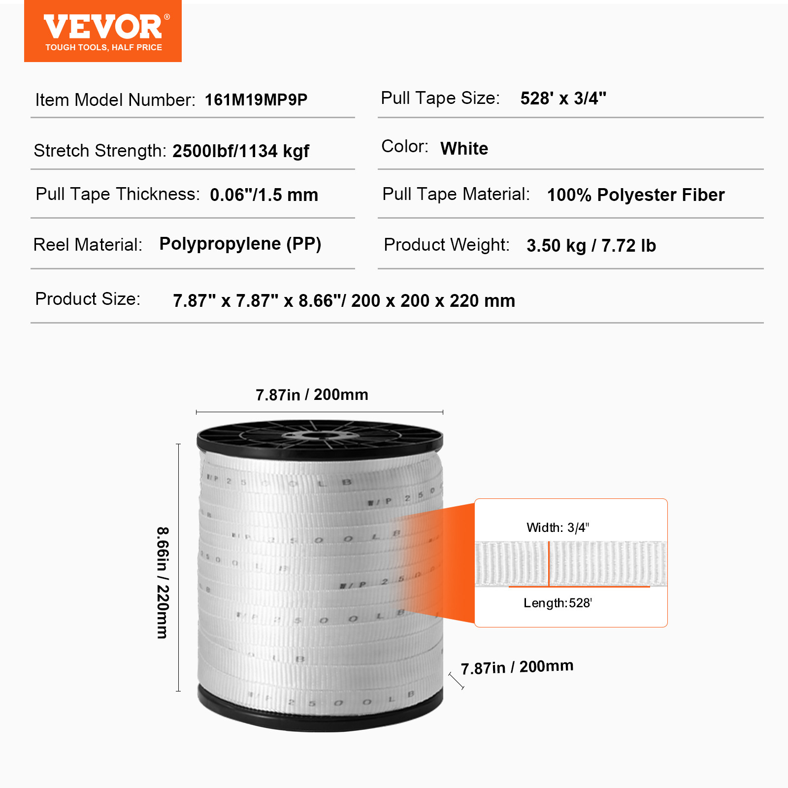 VEVOR Polyester Pulling Tape Mule Tape 3/4″ x 528′ 2500 lbf Tensile Capacity