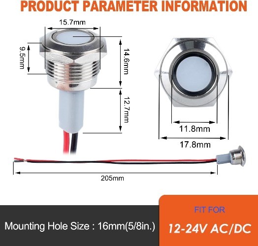 16mm Metal Indicator Light Mounting Hole 5/8 Inch