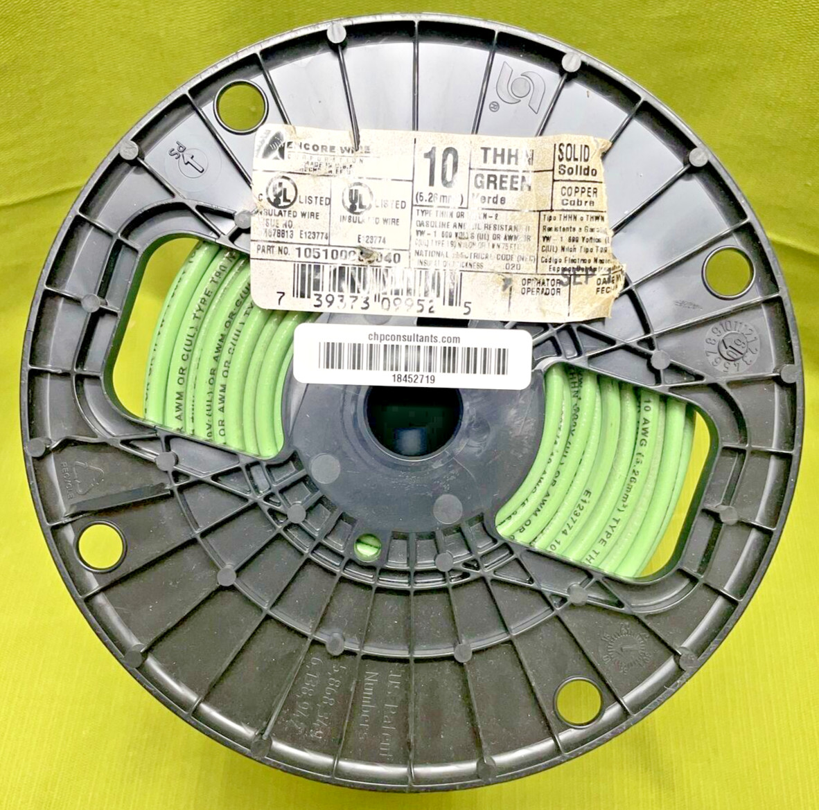 Encore Wire, #10, THHN, Solid Copper Wire, Green @18 lbs.