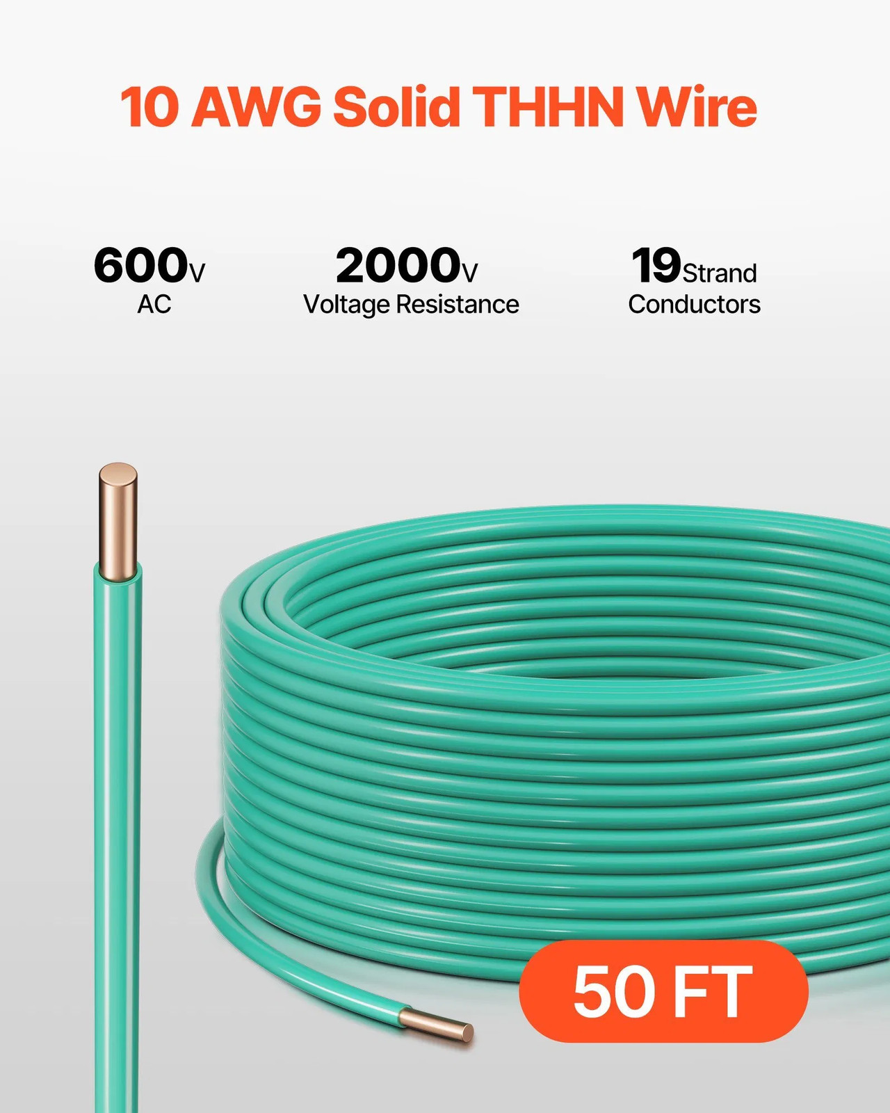 10 AWG Solid THHN Wire, 100% OFC Copper Electrical Building Wire with Nylon Jack