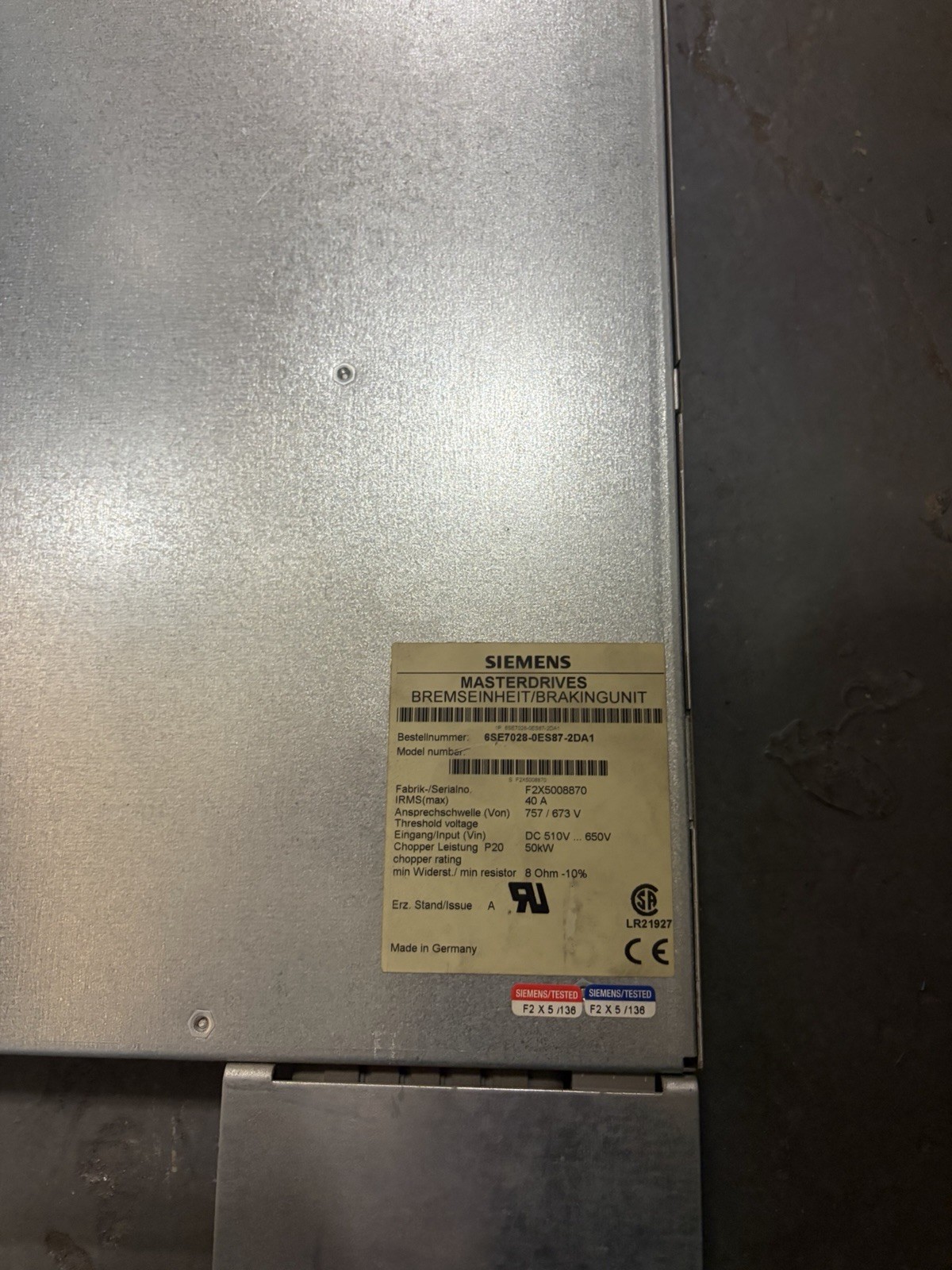SIEMENS 6SE7028-0ES87-2DA1 BRAKING MODULE 510-650 VDC, 50 KW 06250740042
