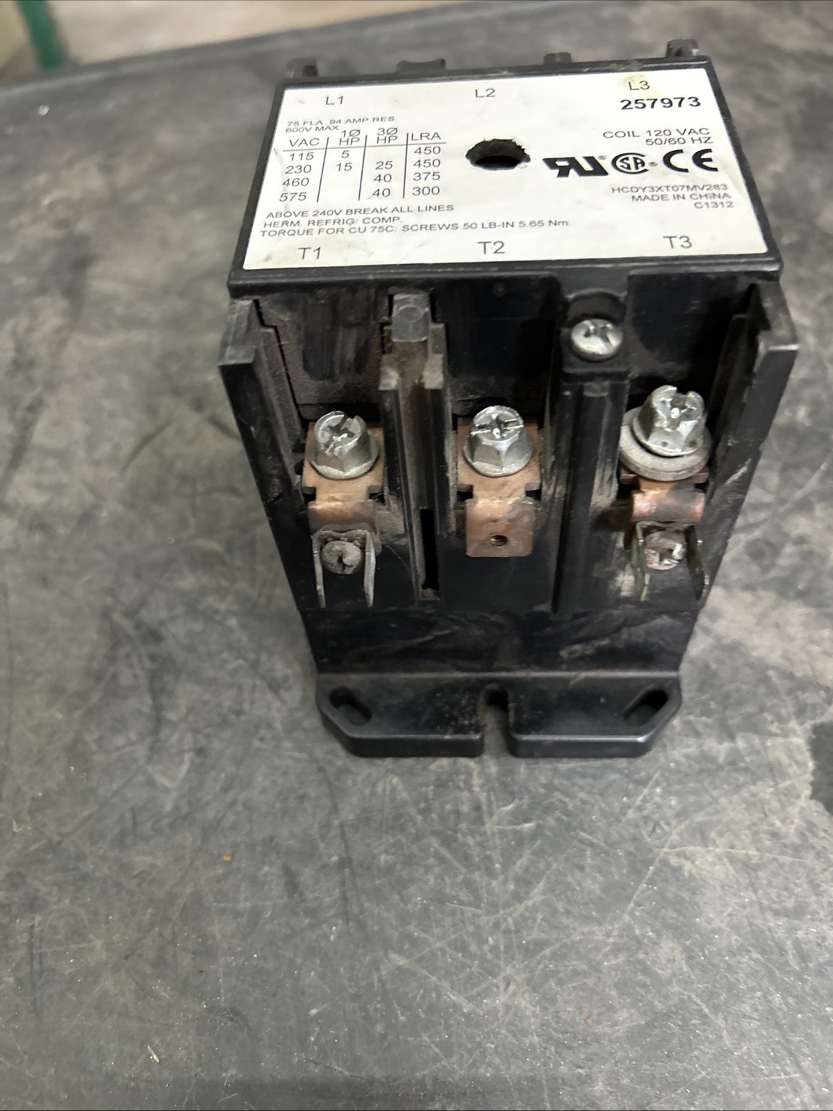 HARTLAND CONTROLS 3 POLE AC CONTACTOR CON-3/120/75. COIL 120VAC. HCDY3XT07 Mv283