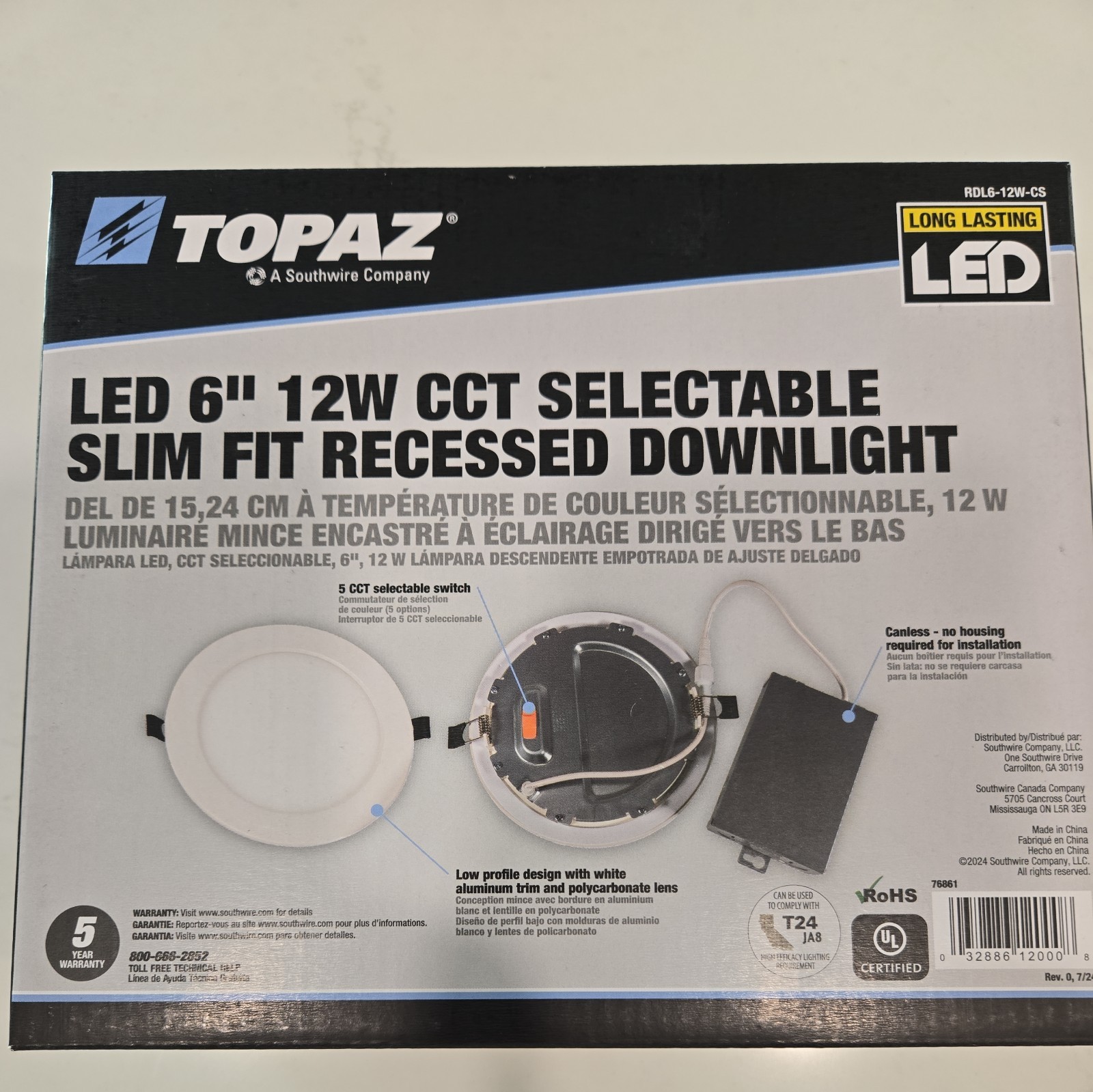 RDL6-12W-CS Topaz 6-Inch 12W 1000 Lumens Downlight Color Selectable NEW – 6 pcs