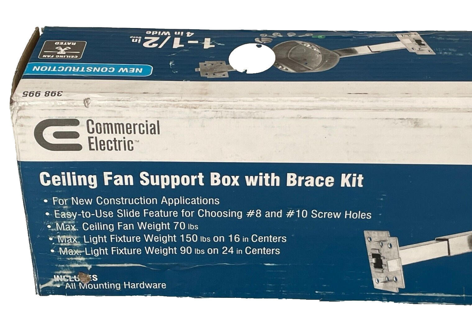 COMMERCIAL ELECTRIC 398995 Ceiling Fan Support Box w/ Brace Kit *NIB*