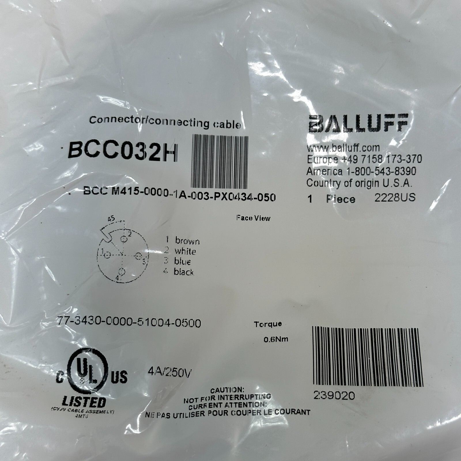 Balluff BCC M415-0000-1A-003-PX0434-050 CABLE, 4 WIRE 22AWG, 5M, BCC032H