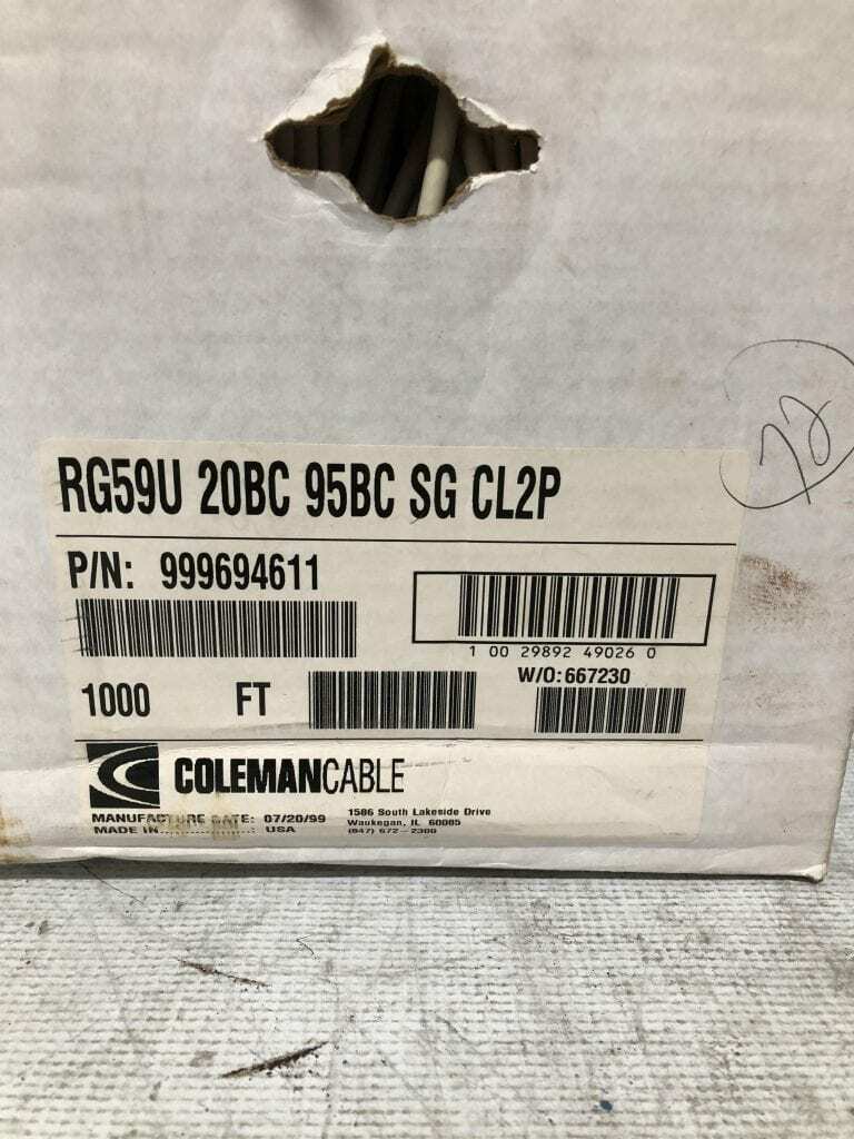 Coleman Cable RG59 20BC 95BC SG CL2P Class 2 Power-Limited Circuit Cable 900ft