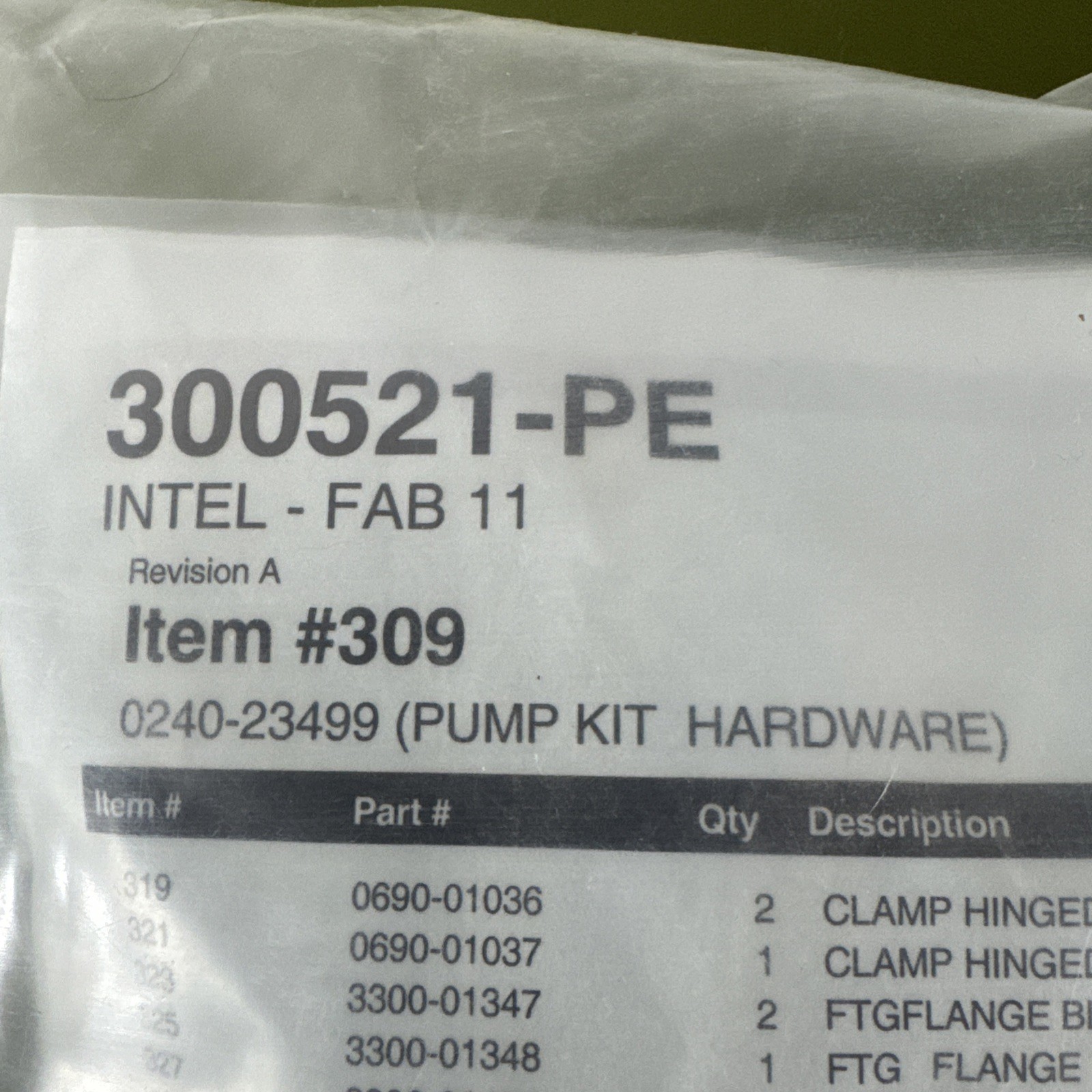 New-Sealed, AMAT 0240-23499 Pump Kit Hardware, 300521-PE Intel Fab 11 #309