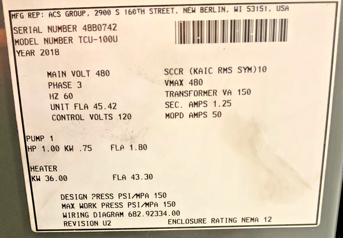 AEC TCU-100U Water Temperature Control Unit 480V 3PH 36Kw 150PSIG 60Hz HP1 E15A