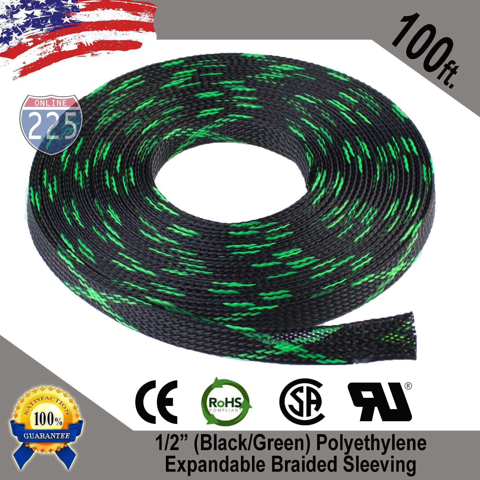 100 FEET 1/2″ Black Green Expandable Wire Sleeving Sheathing Braided Loom Tubing