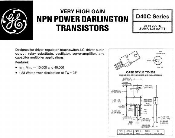 D40C4 Vintage GE NPN Darlington Transistor 40V 500mA — NOS