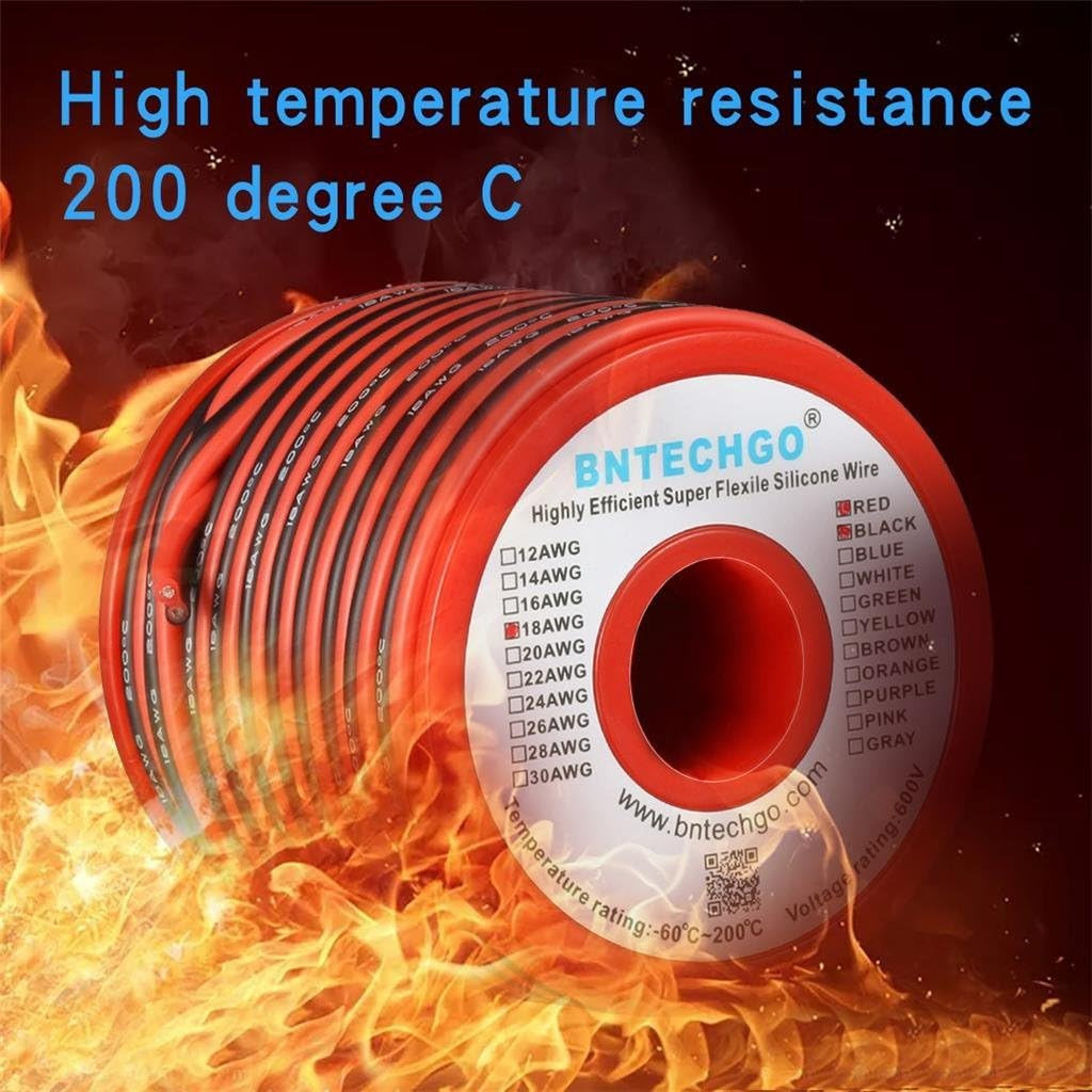 BNTECHGO 18 Gauge Flexible 2 Conductor Parallel Silicone Wire Spool Red Black Hi