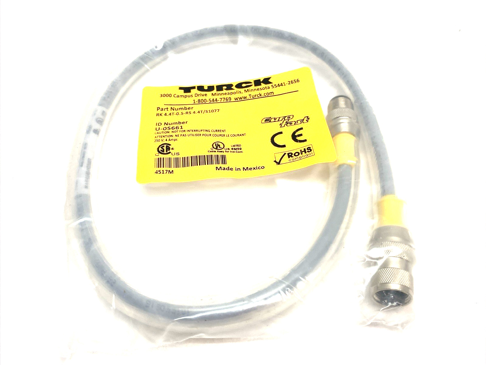 Turck RK 4.4T-0.5-RS 4.4T/S1077 Eurofast Double Ended Cable M12 Straight U-05661