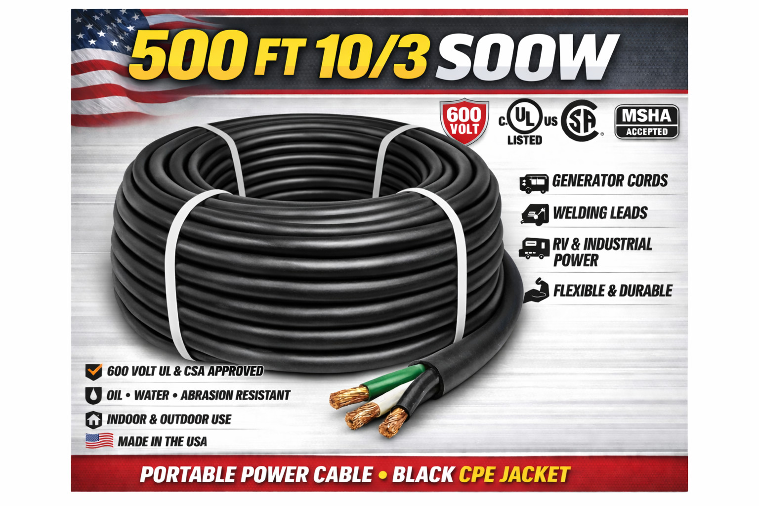 10/3 SOOW Portable Cord 500FT 600V UL CSA Black Flexible Cable USA Made