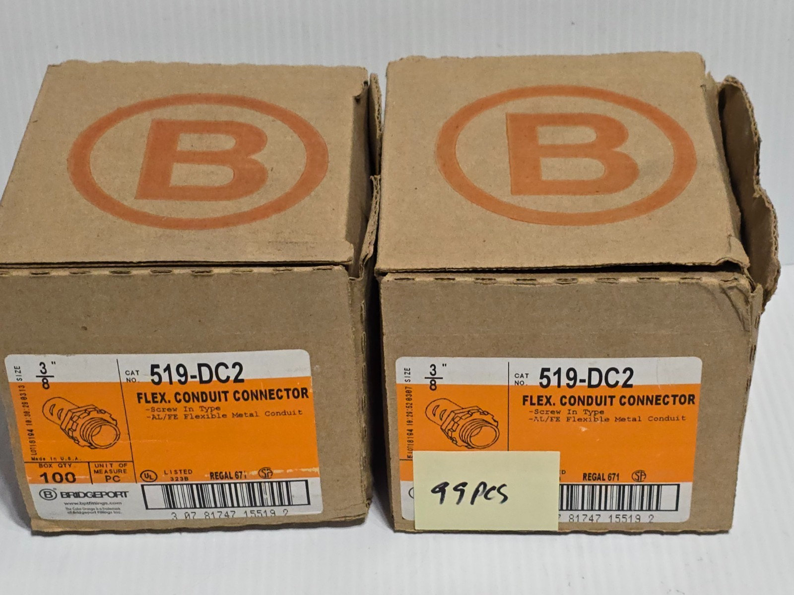 199 Pcs – 3/8″ BRIDGEPORT 519-DC2 Flex Screw In Conduit Connector