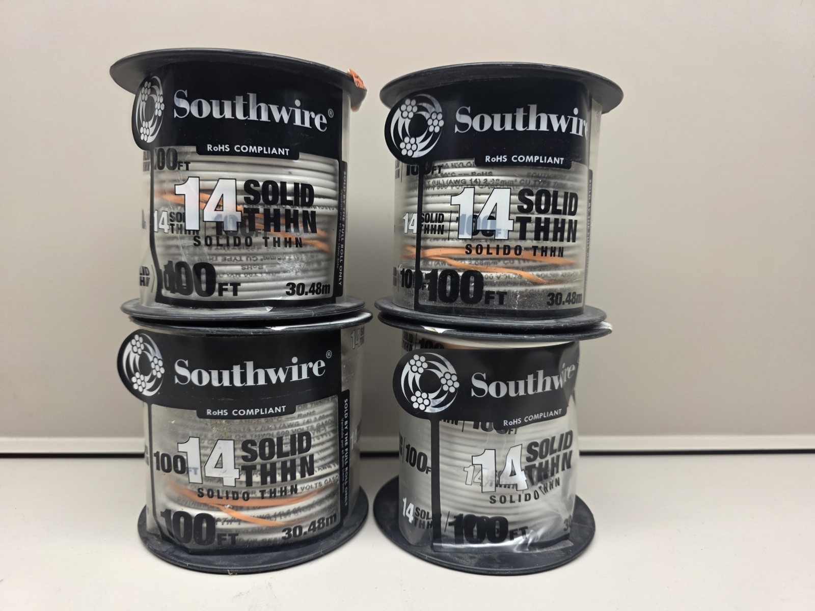 (1) NEW Southwire 100 ft. 14 Gauge White Solid Copper THHN Wire