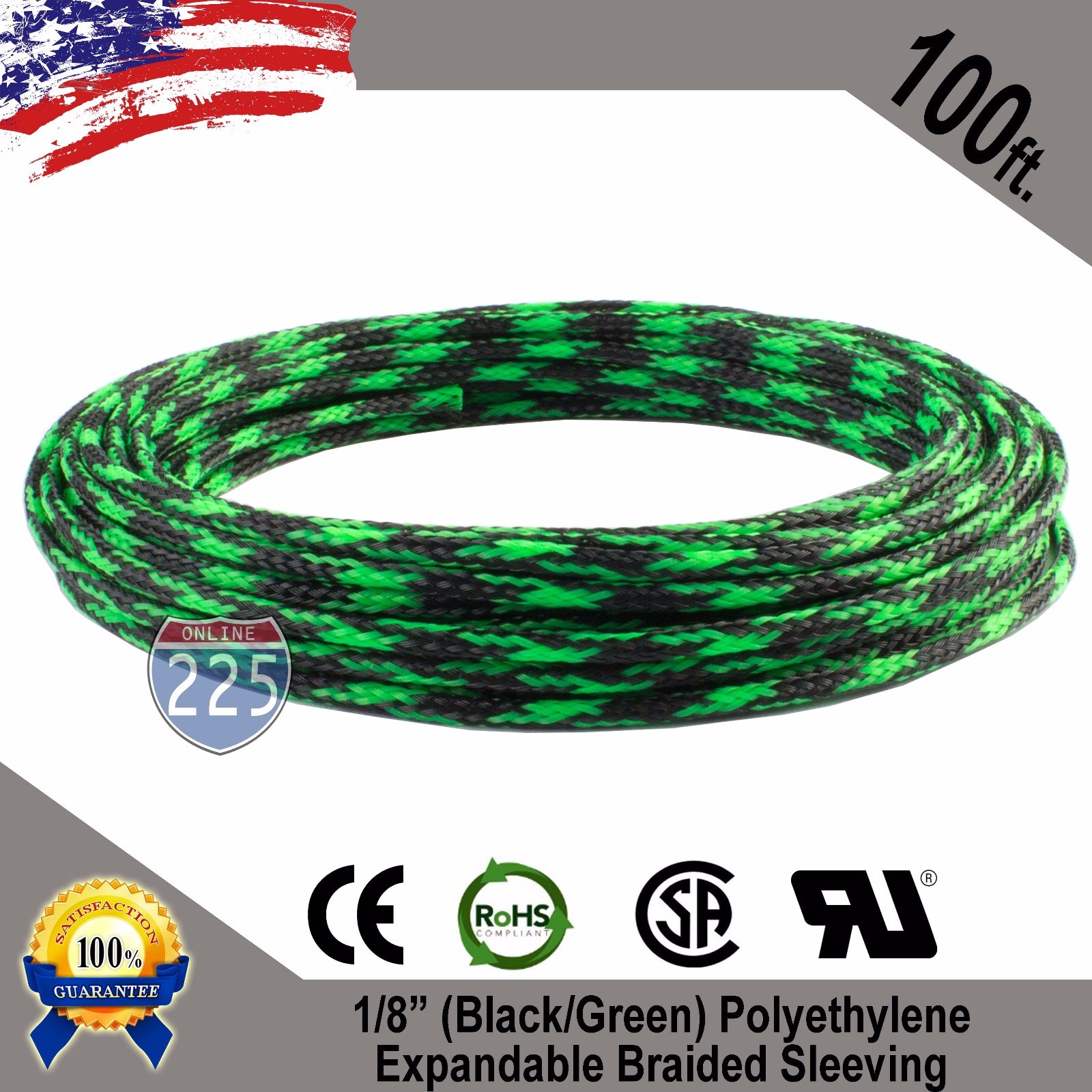 100 FT 1/8″ Black Green Expandable Wire Sleeving Sheathing Braided Loom Tubing