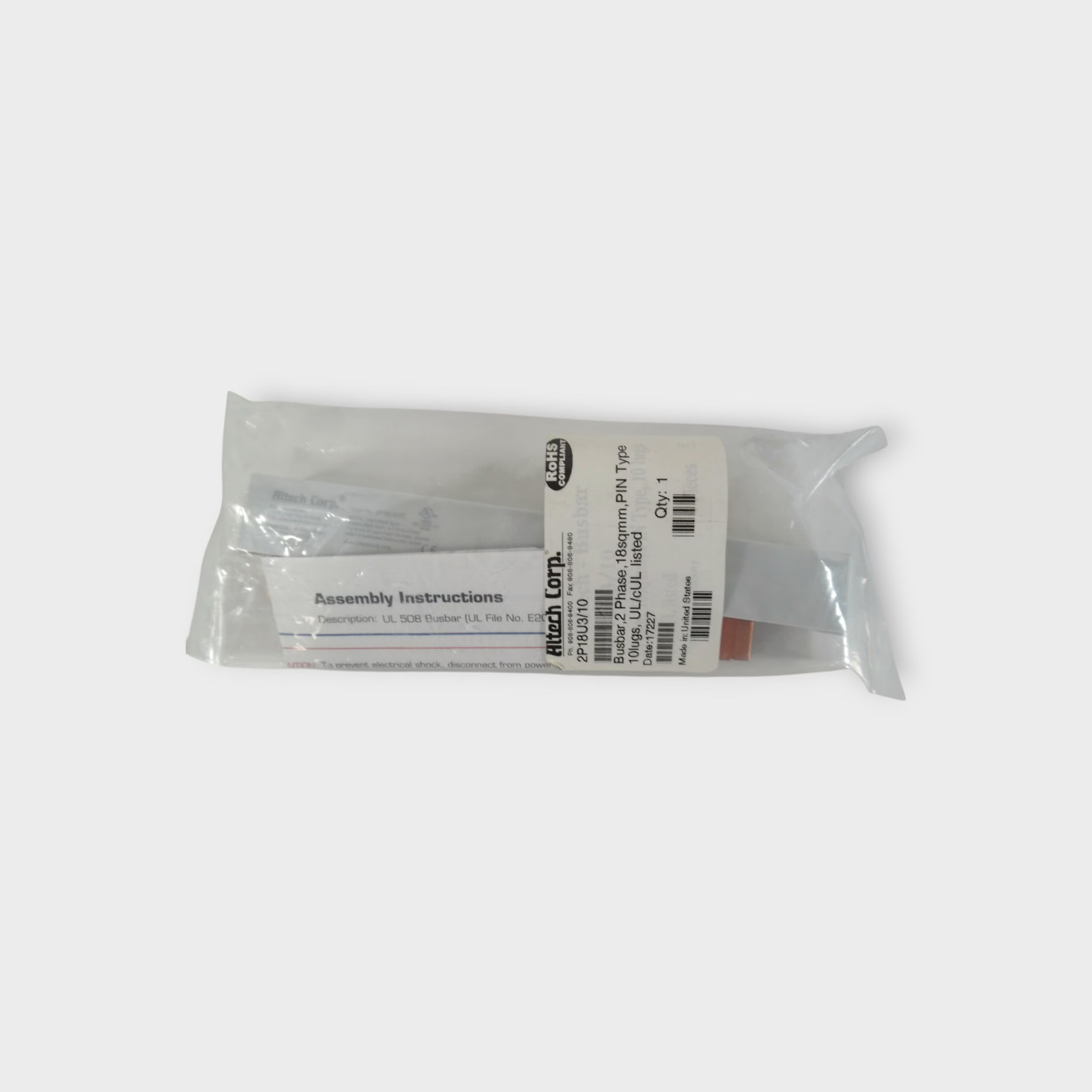 Altech Corp 2P18U3/10 2 Phase Busbar – 10 Lug- 600V 80A- NEW