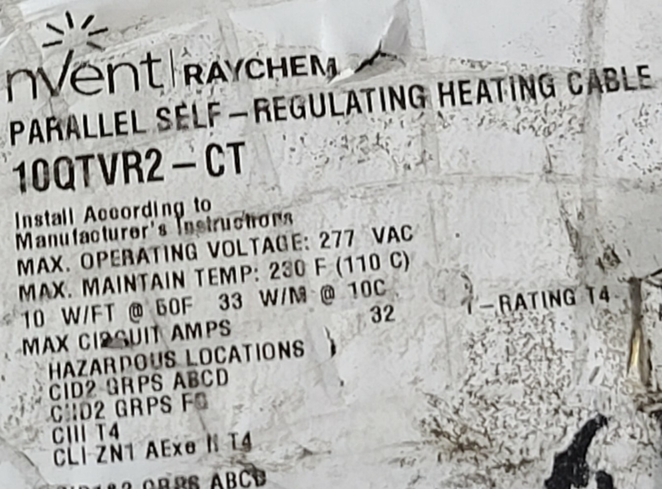 nVent/Raychem 10QTVR2-CT QTVR Self-Regulating Heating Cable 10W/Ft 200-277V /1ft