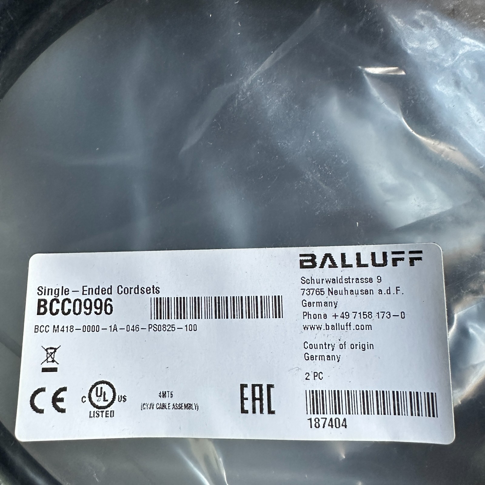 2 BALLUFF BCC0996 SINGLE ENDED CORDSET SENSOR CABLE M12x1-Female straight 8-pin