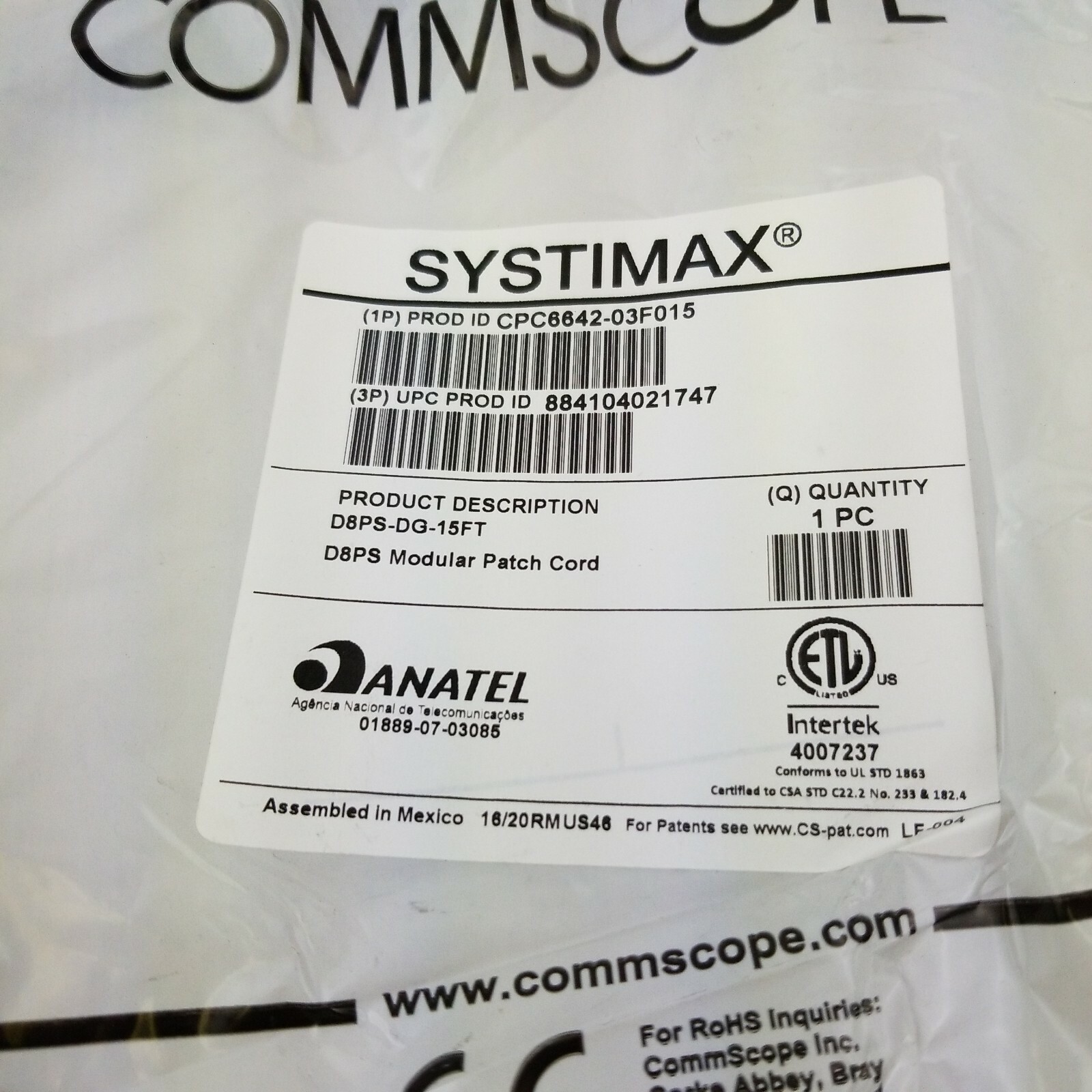 NEW COMMSCOPE CPC6642-03F015 15′ FT Gray CAT 5E MODULAR PATCH CORD