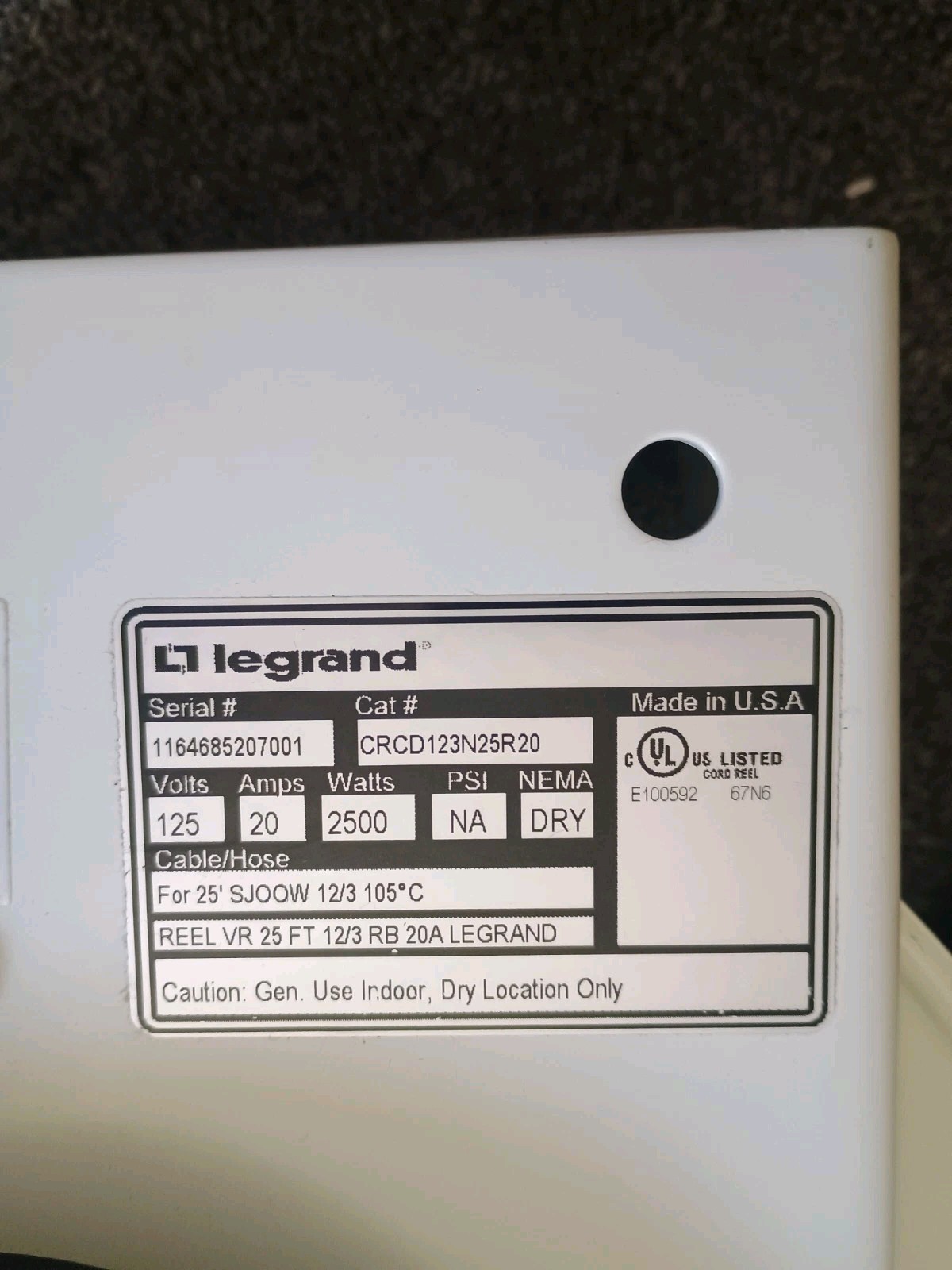 Legrand CRCD123N25R20 1000 Series Cable Reel With Quad RB 20 AMP 12 AWG 25ft