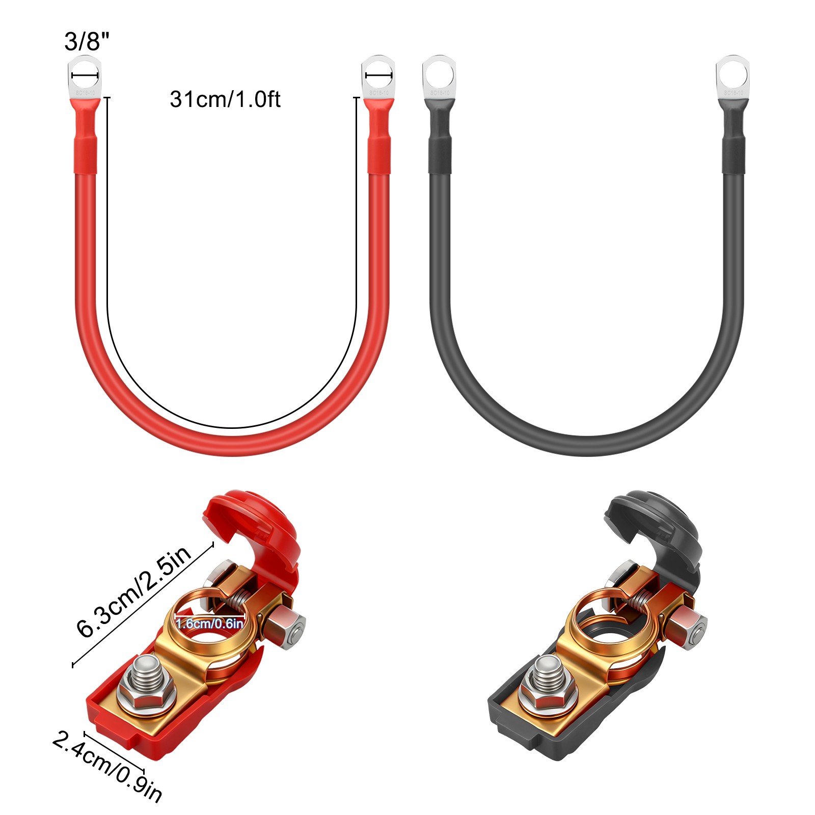 12V Battery Cable Kit 30cm 5AWG Gauge M10 Copper Wire w/ Switch for Car Boat RV