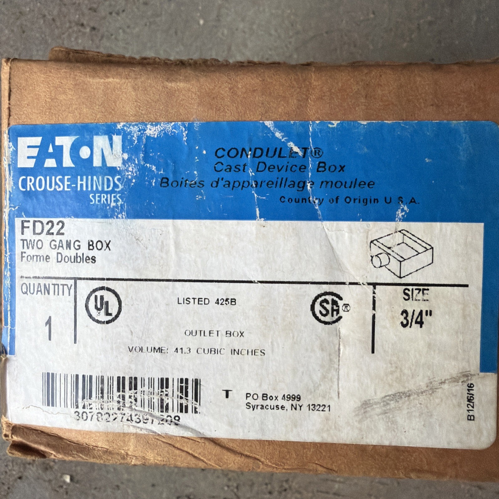 NIB – Crouse Hinds – FD22 – Two-Gang, 3/4″ Device Box-Feraloy Iron Alloy- A55