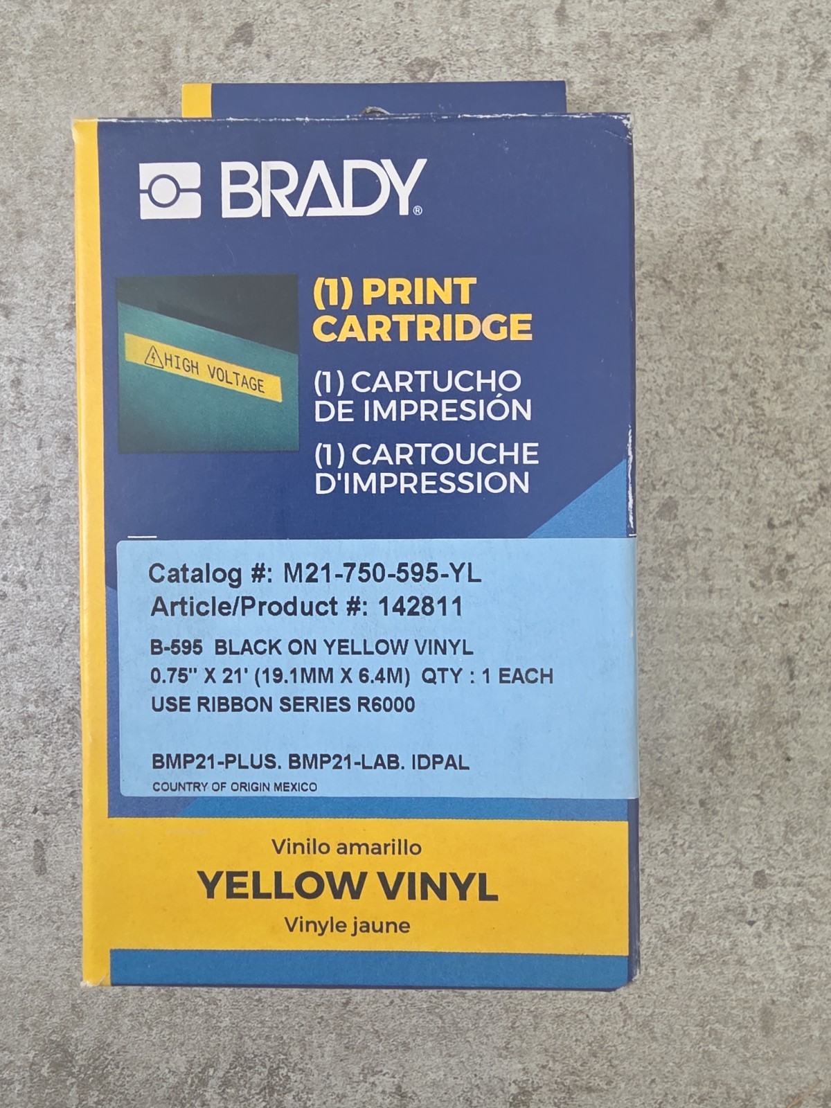 BRADY M21-750-595-YL BLACK ON YELLOW VINYL LABEL PRINT CARTRIDGE